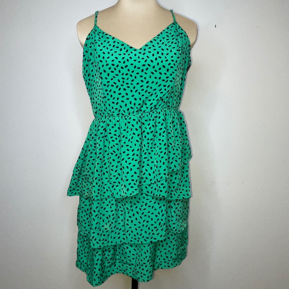 Y2K Whimsigoth Retro Rockabilly Polka Dot Tiered Mini Dress L Green